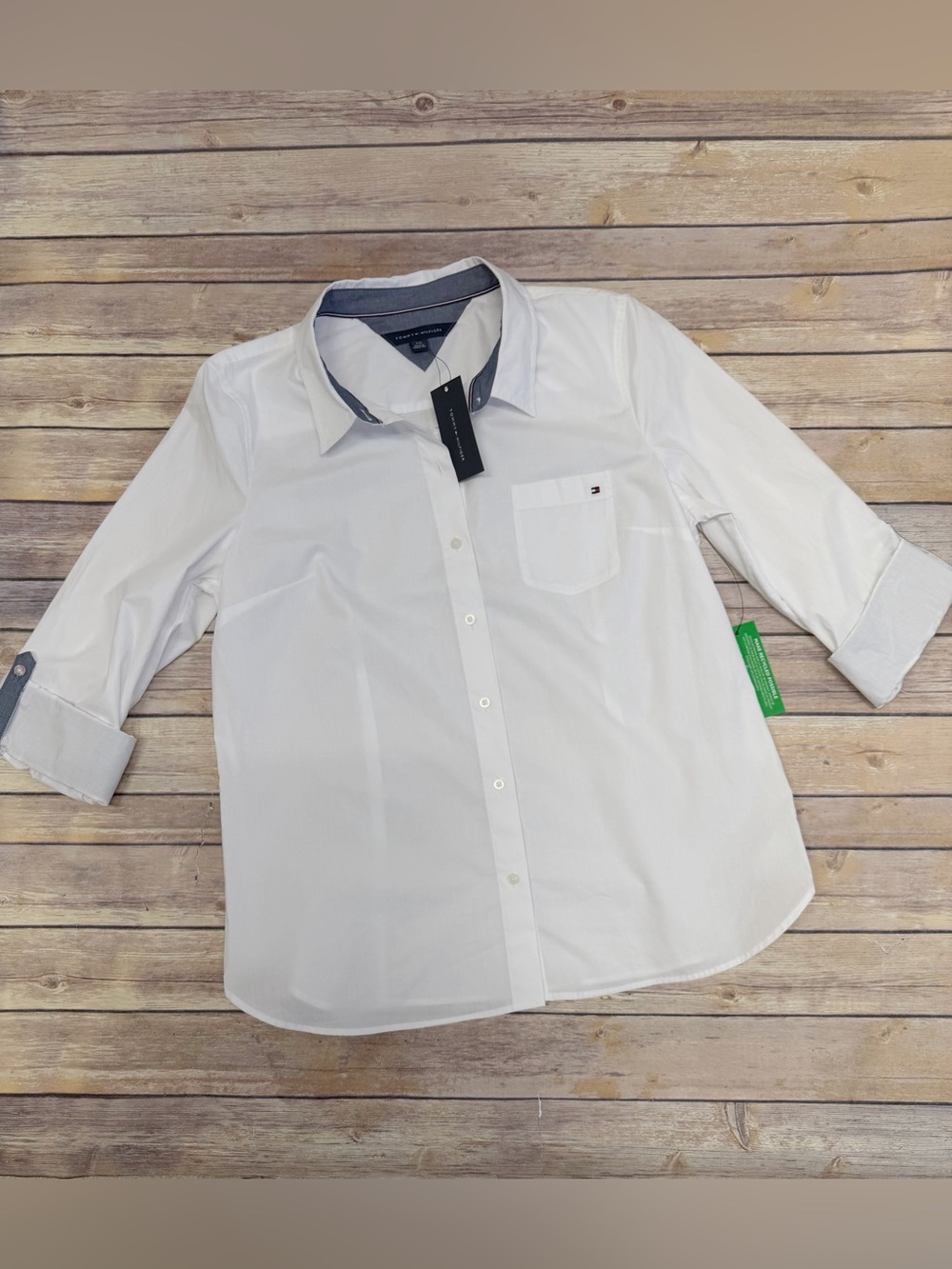 Tommy Hilfiger Women's Classic Poplin Roll-Tab Long-Sleeve Shirt White size L